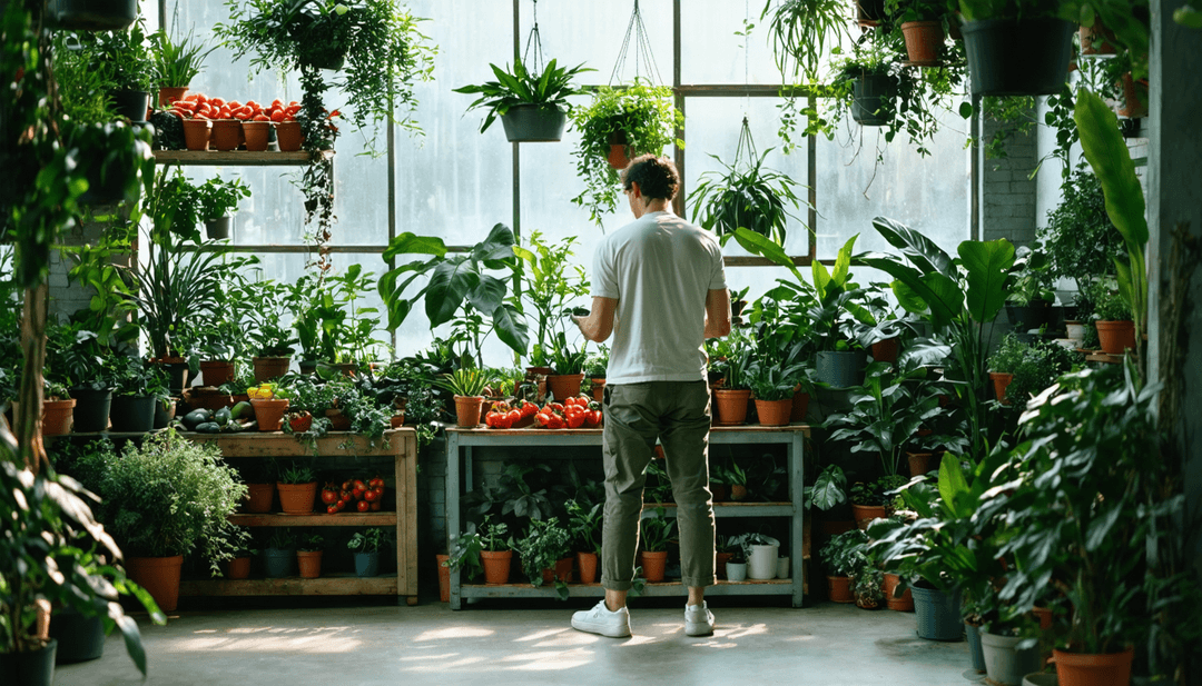 A collector tending plants in a lush greenhouse