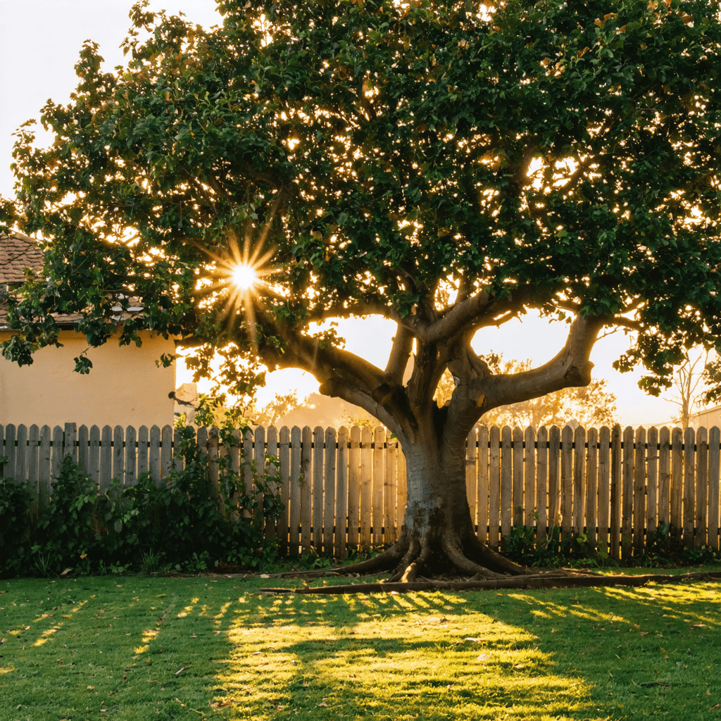 A fig tree in a backyard at golden hour