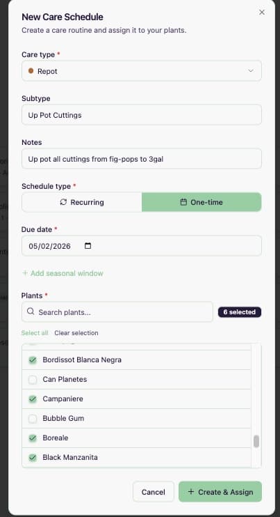New care schedule dialog with type, recurrence, and plant selection