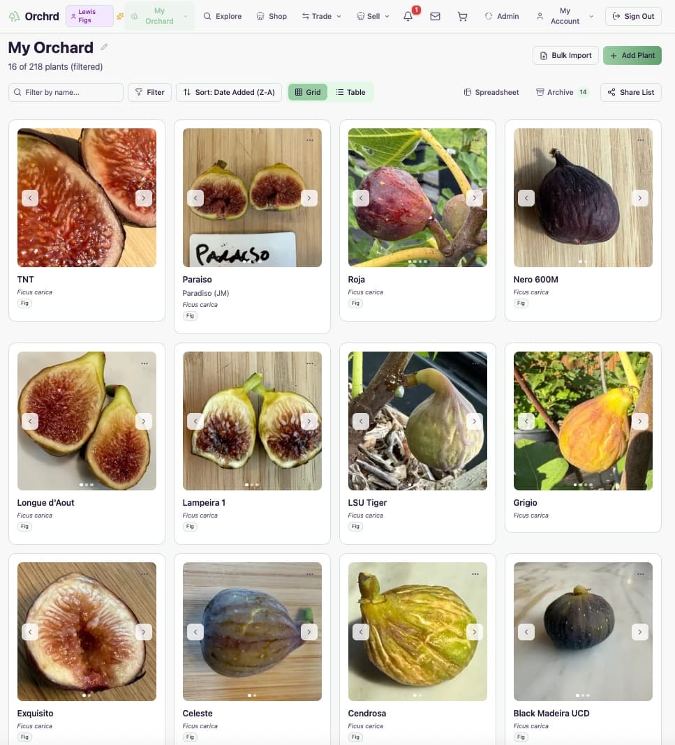 Plant collection grid showing photo cards for each variety