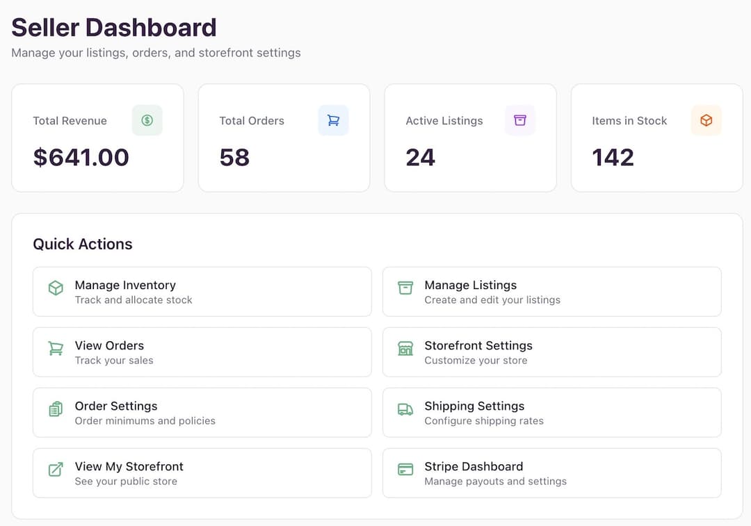 Seller dashboard with revenue stats, quick actions for inventory, orders, and settings
